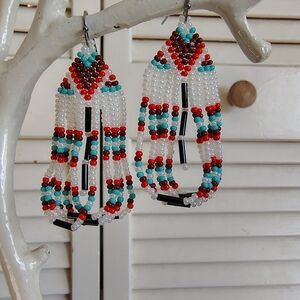 Handmade Beaded Fringe Earrings – Red, Turquoise  – Stainless Steel Hooks OS